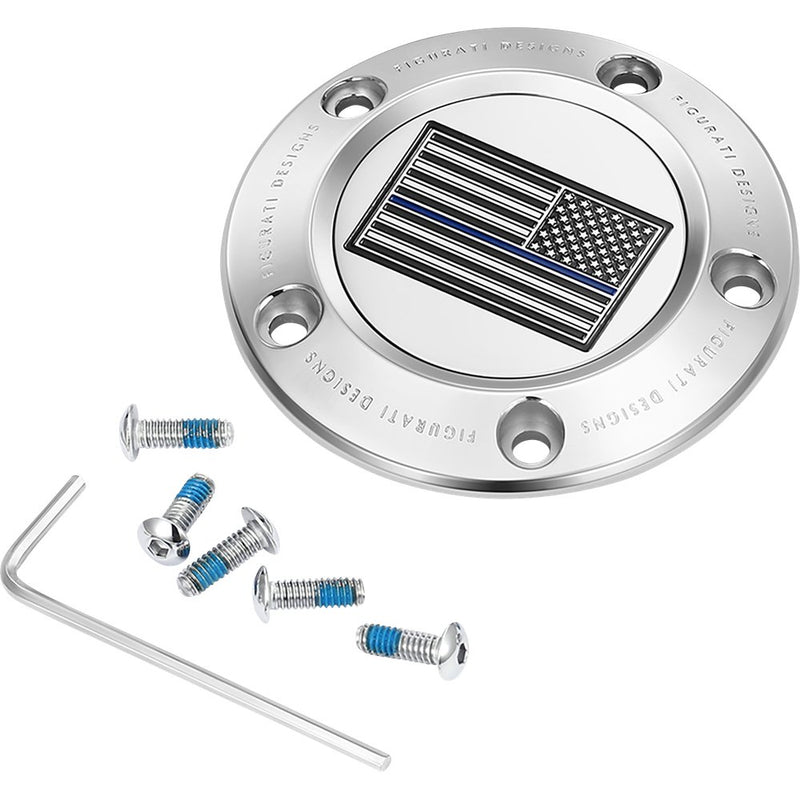 Figurati Designs Timing Cover - 5 Hole - Blue Line American Flag - Stainless Steel FD70-TC-5H-SS