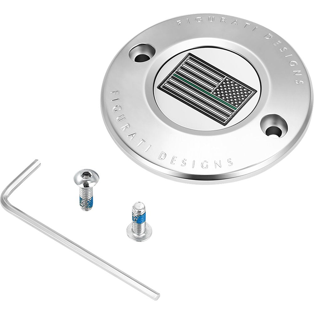 Figurati Designs Timing Cover - 2 Hole - Green Line American Flag - Stainless Steel FD72-TC-2H-SS