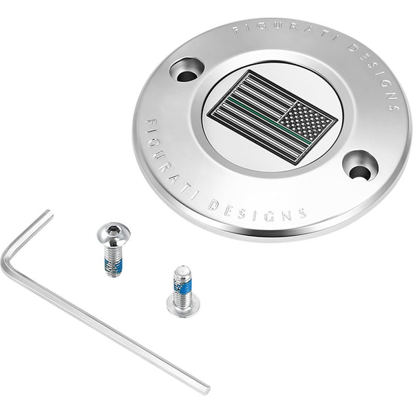Figurati Designs Timing Cover - 2 Hole - Green Line American Flag - Stainless Steel FD72-TC-2H-SS