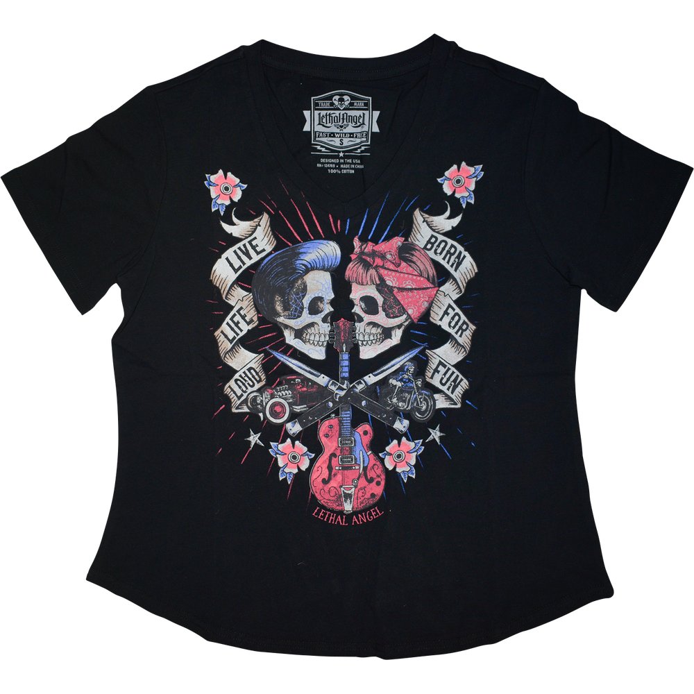 LETHAL THREAT Women's Speed & Sound V-Neck T-Shirt - Black - 1XL LA70200-1X