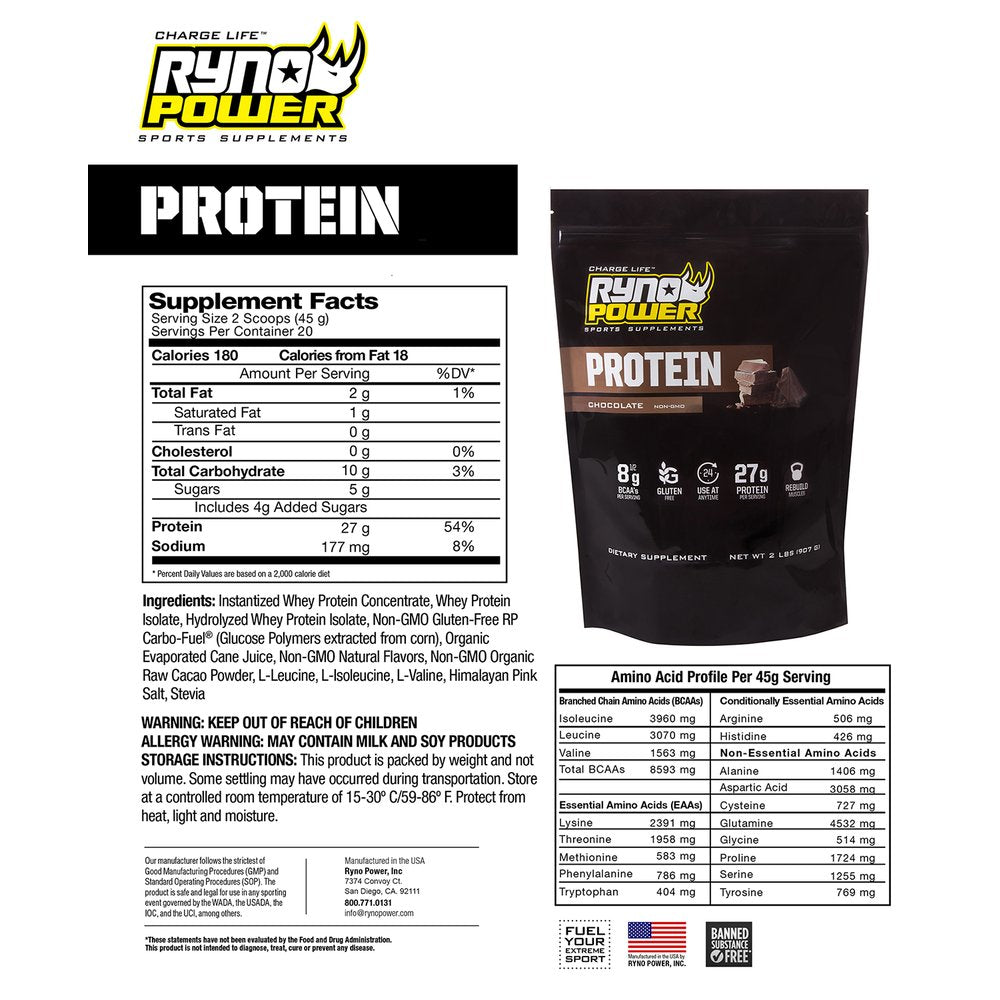 RYNO POWER Protein Powder - Chocolate - 1 lb - 10 Servings 1LB-PPC