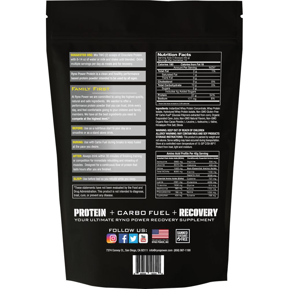 RYNO POWER Protein Powder - Chocolate - 1 lb - 10 Servings 1LB-PPC