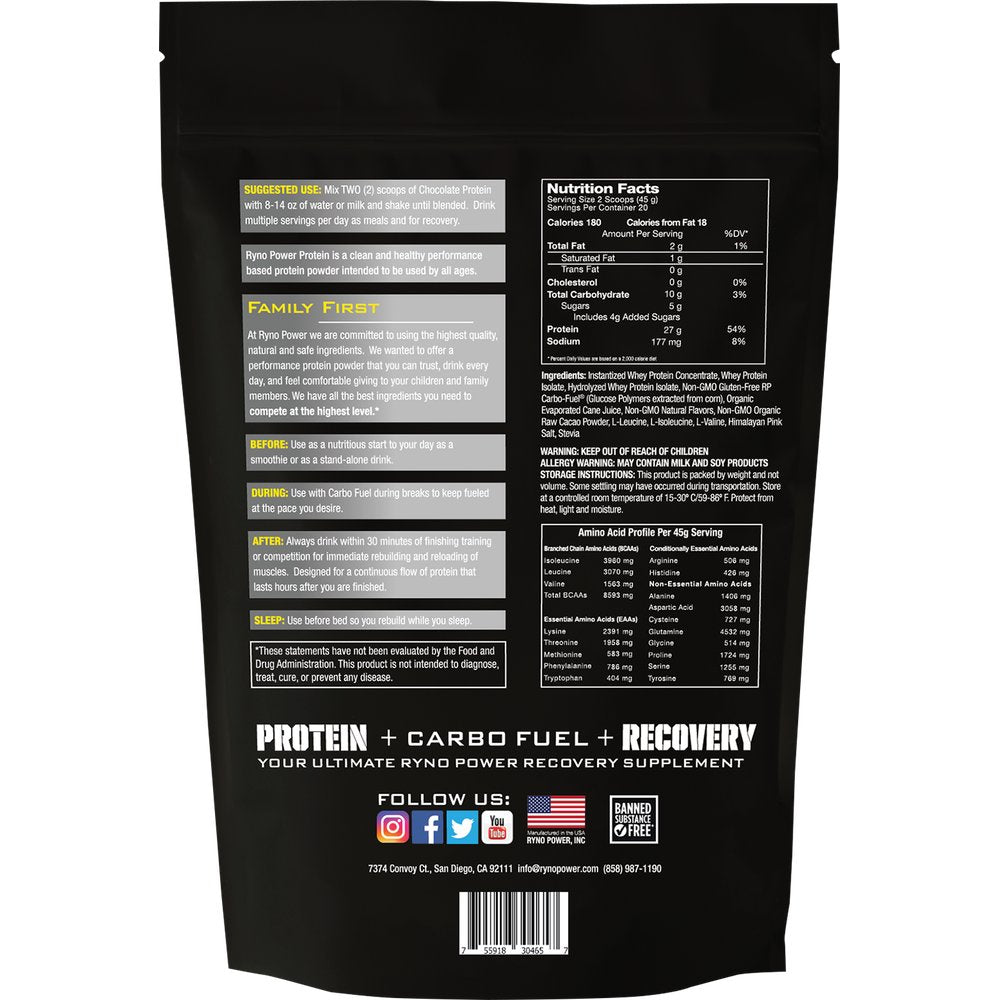 RYNO POWER Protein Powder - Chocolate - 2 lb - 20 Servings PPC4657