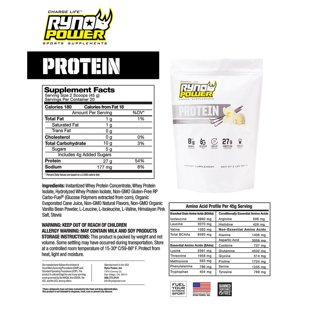 RYNO POWER Protein Powder - Vanilla - 2 lb - 20 Servings PPV4664