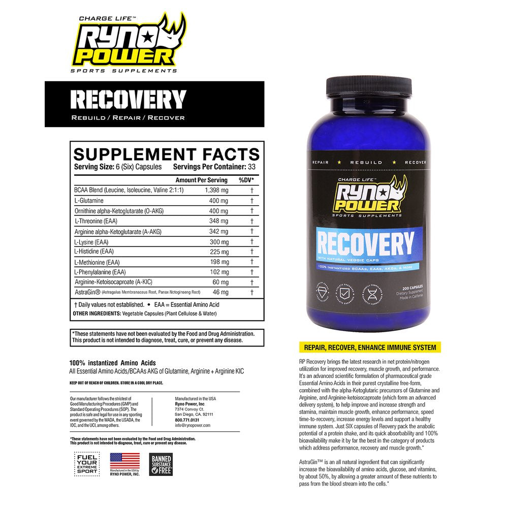 RYNO POWER Recovery Capsules - 200 ct. Bottle REC885