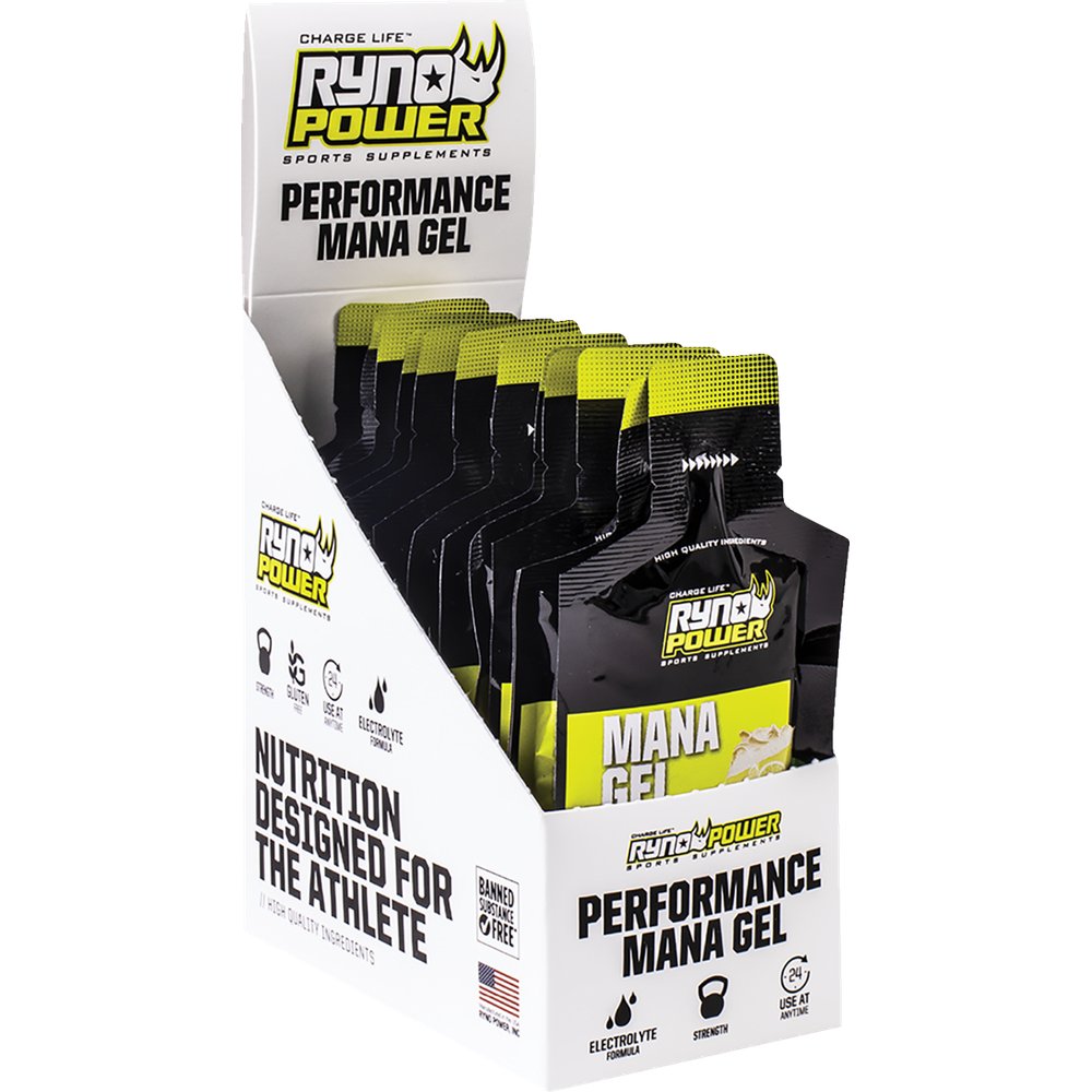 RYNO POWER Mana Performance Gels - 12 Pack with Display Caddy - Lemon Meringue GEL-CADDY12-LEM