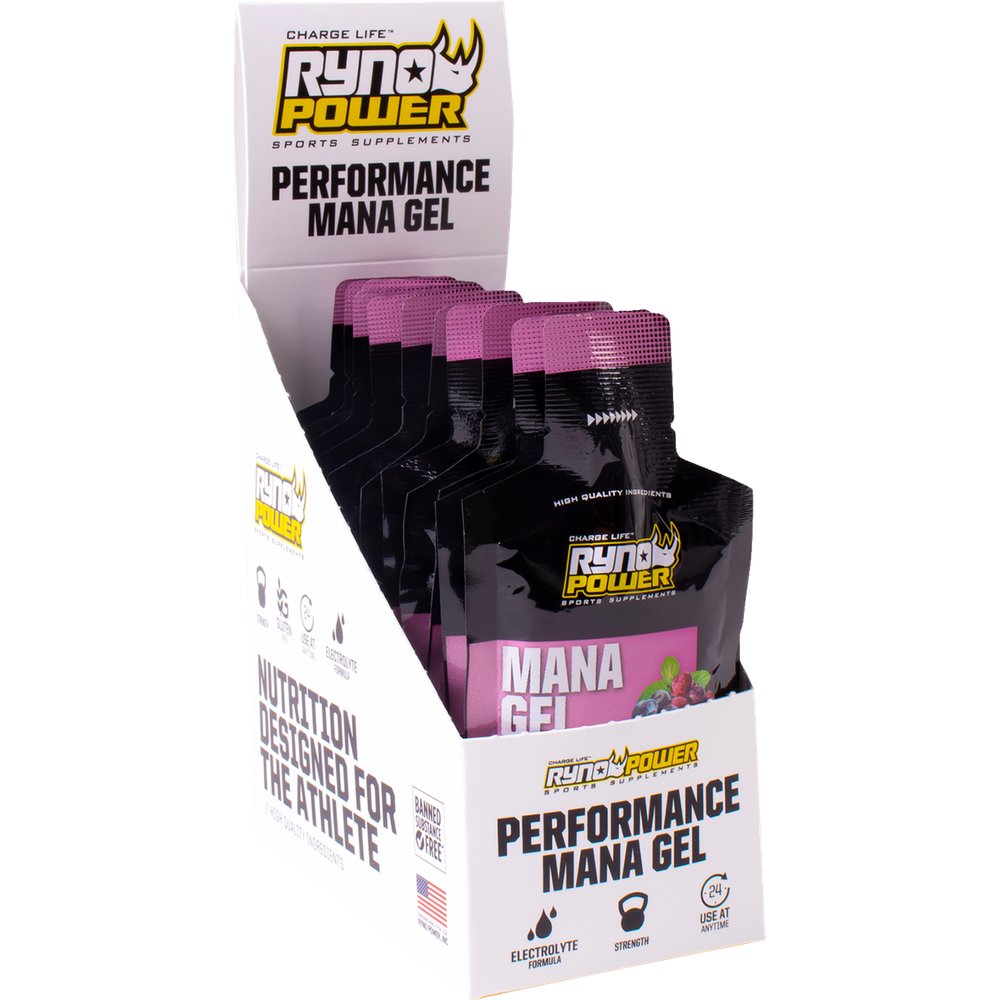 RYNO POWER Mana Performance Gels -12 Pack with Display Caddy - Mixed Berries GEL-CADDY12-BER
