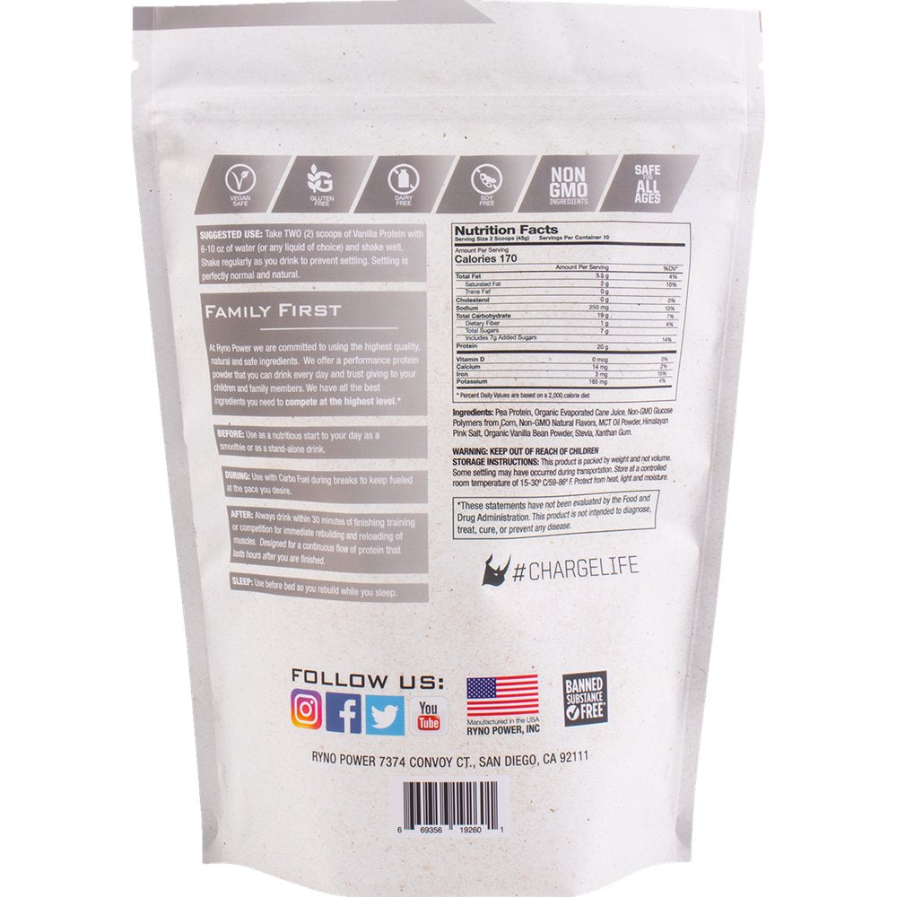 RYNO POWER Plant-Based Protein Powder - Vanilla - 1 lb - 10 Servings 1LB-PLNT-VAN