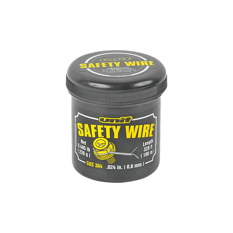 Jar of safety wire with black lid and yellow text on a white background