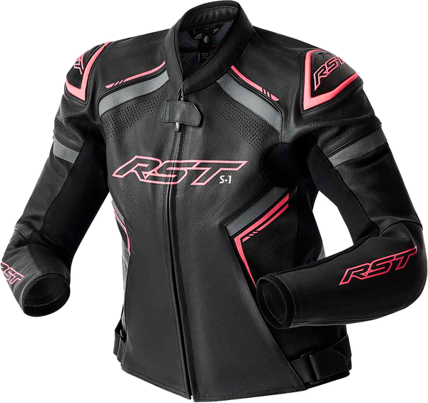 RST Women's S1 D3O Leather CE Jacket - Black/Fluro Pink - XS