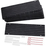 Set of black rubber mats with additional components on a white background