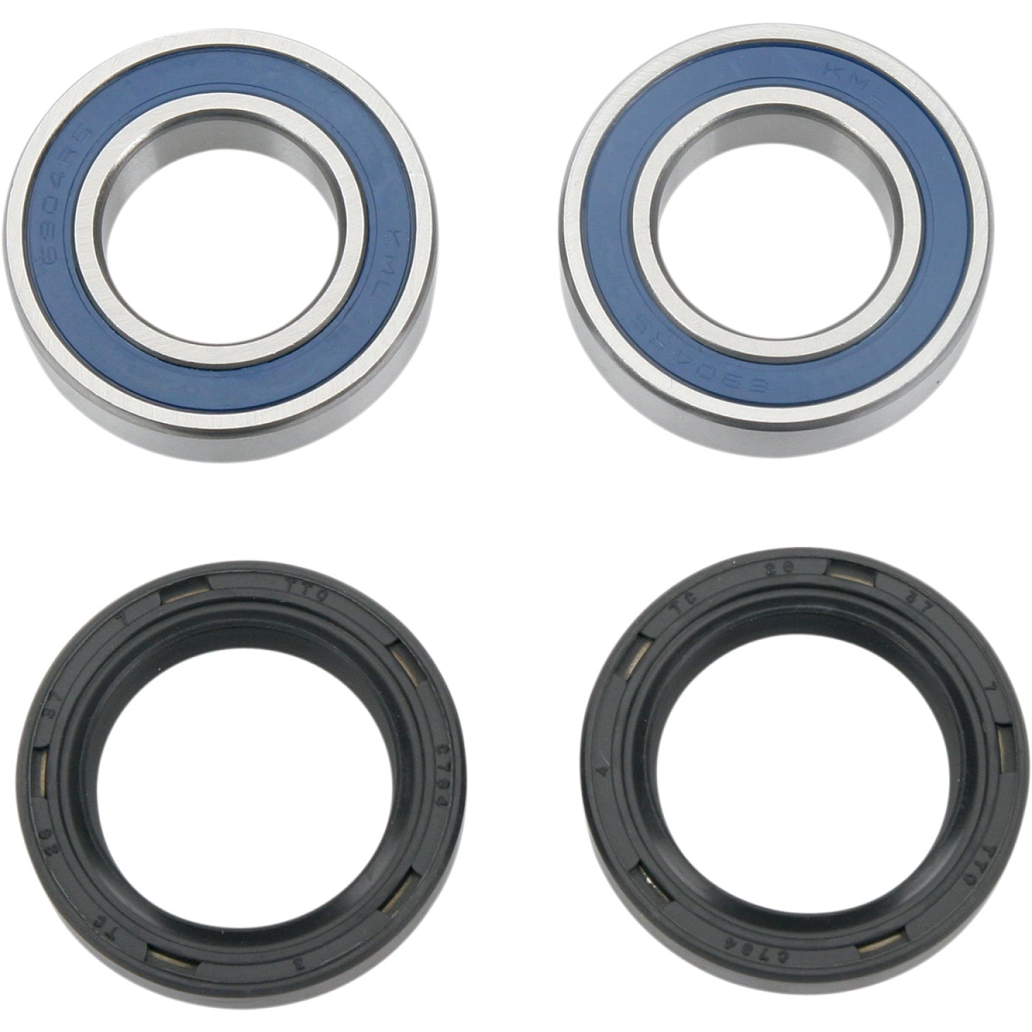 Two blue wheel bearings and two black wheel seals for a motorcycle, displayed on a white background.