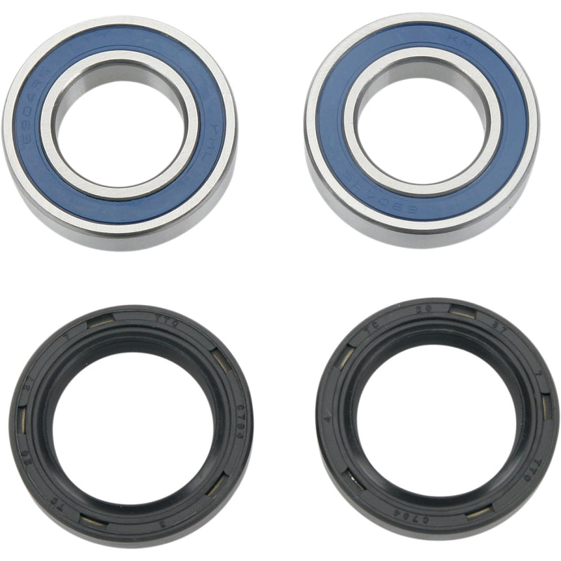 Two blue wheel bearings and two black wheel seals for a motorcycle, displayed on a white background.