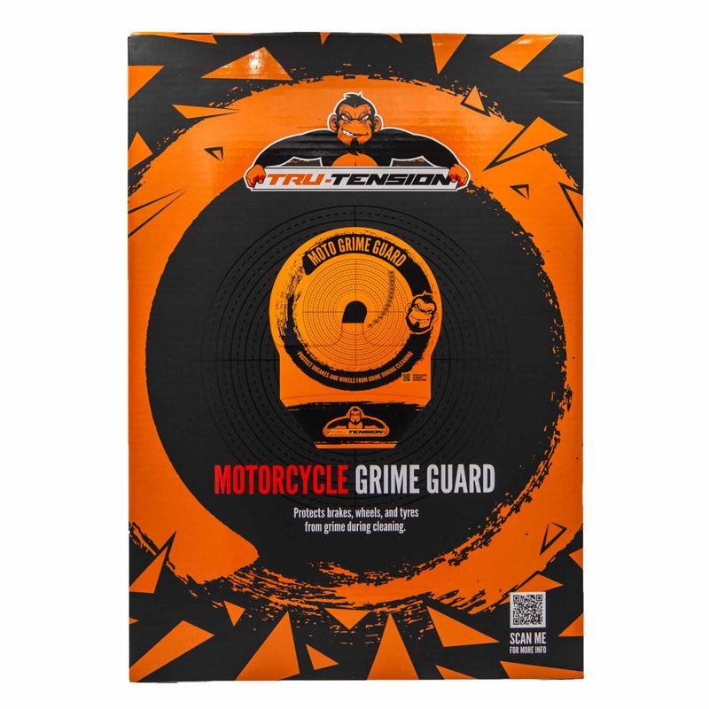 Motorcycle grime guard packaging with orange and black design