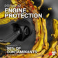 Engine oil filter with gold liquid and text about premium engine protection and contaminant trapping.