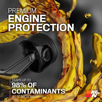 Engine oil filter with gold liquid and text about premium engine protection and contaminant trapping.