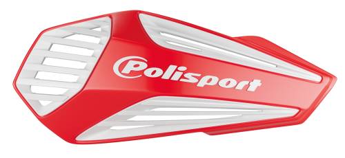 Red and white Polisport hand guard on a white background