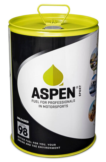 Canister of Aspen fuel for motorsports with yellow lid and black, white, and green design.