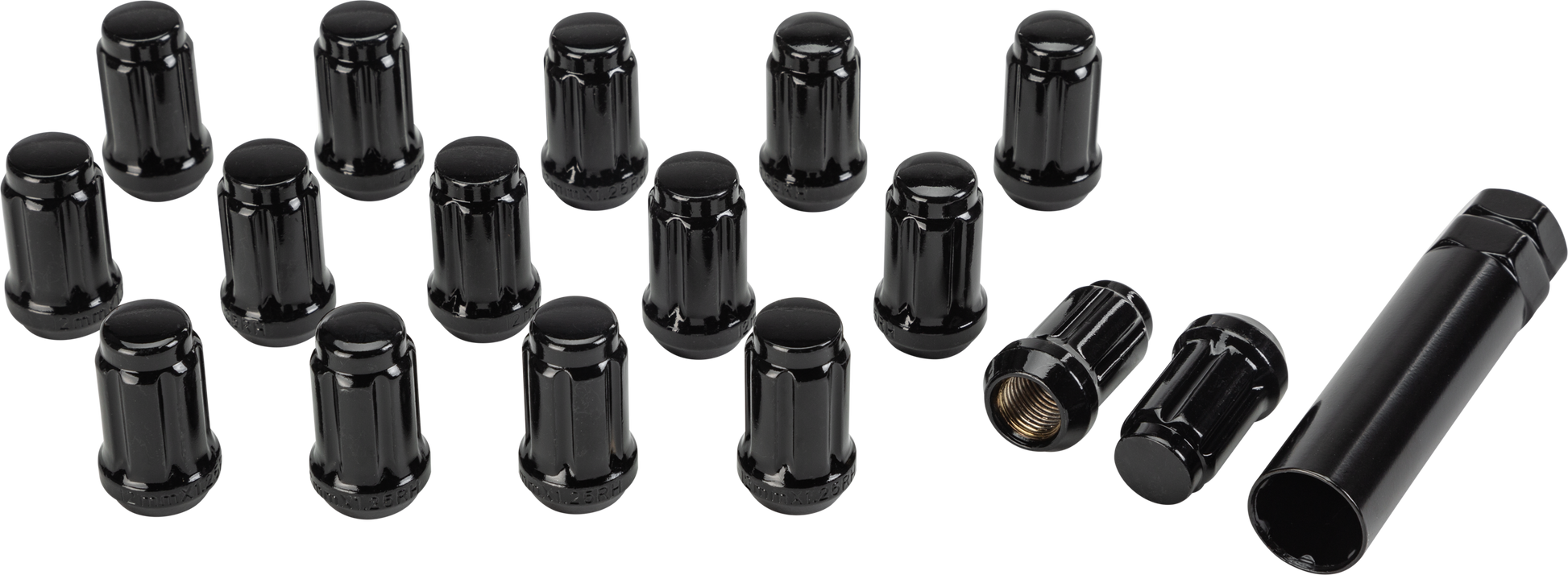 16/Pk 12mmx1.25 Tapered Lug Nuts 60' Splined Black