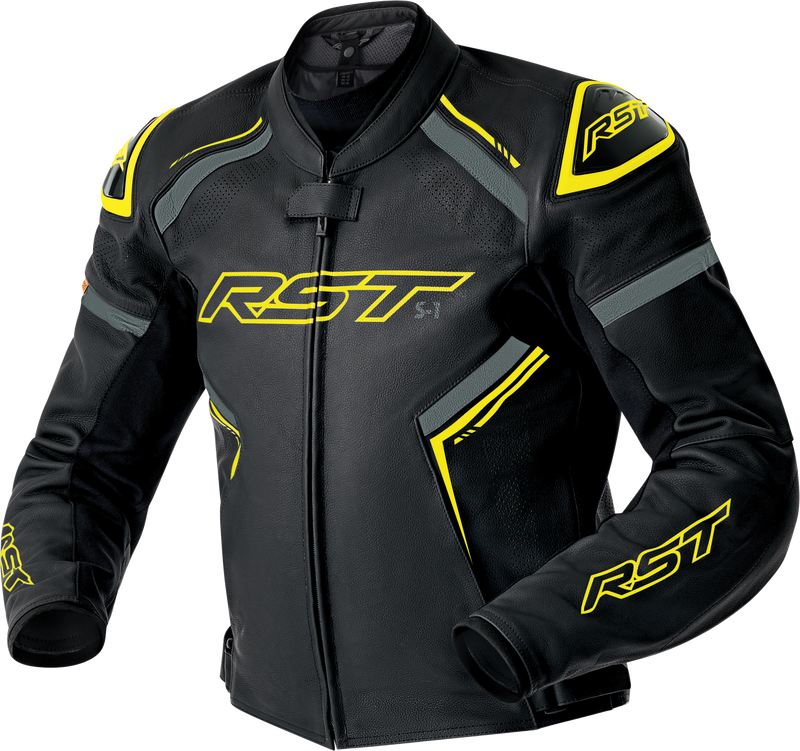 RST S1 D3O Leather CE Jacket - Black/Grey/Fluro Yellow - S