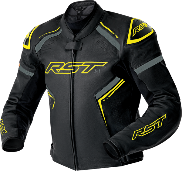 RST S1 D3O Leather CE Jacket - Black/Grey/Fluro Yellow - L