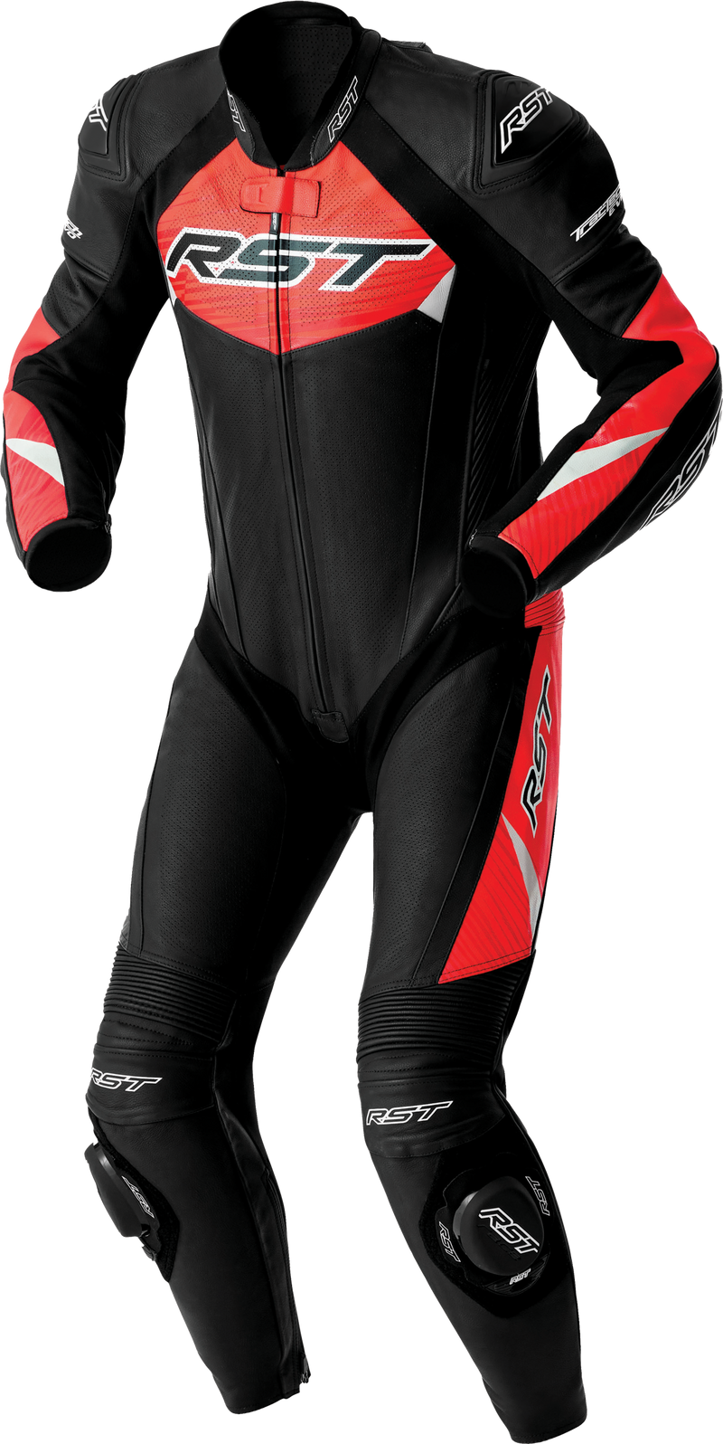 RST Tractech Evo D3O CE Leather Suit - Black/Fluro Red - L