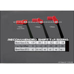 Diagram showing recommended shift tip sizing with red and black components on a gray background.