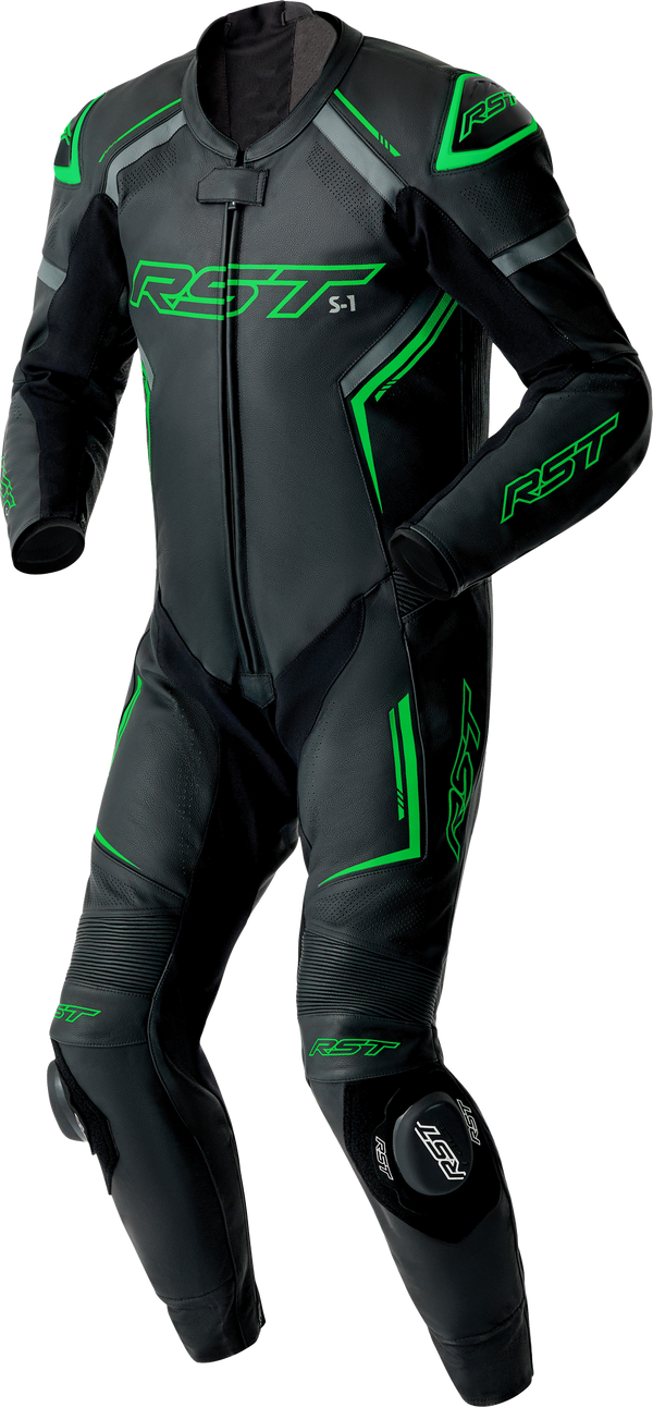RST S1 D3O CE Leather Suit - Black/Grey/Fluro Green - 3XL