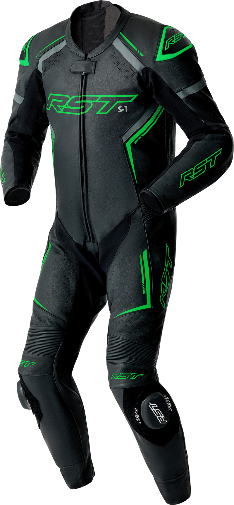 RST S1 D3O CE Leather Suit - Black/Grey/Fluro Green - L
