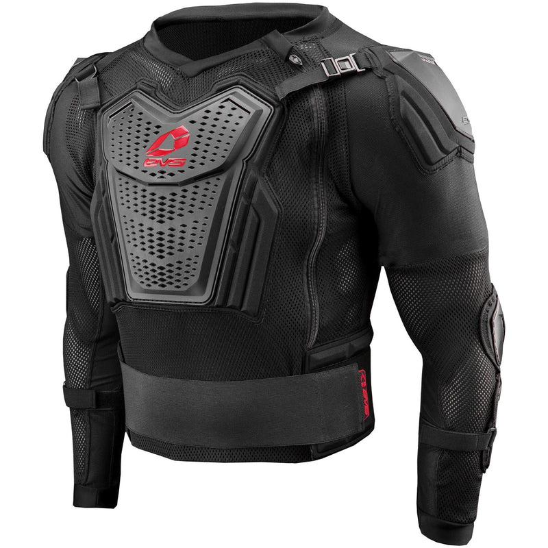 Black protective motorcycle jacket with brand logo on a white background