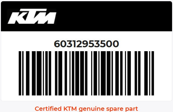 KTM certified genuine spare part label with barcode and number