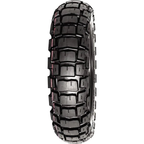 Motorcycle tire with prominent tread pattern on a white background
