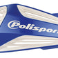 Blue and white Polisport hand guard on a white background