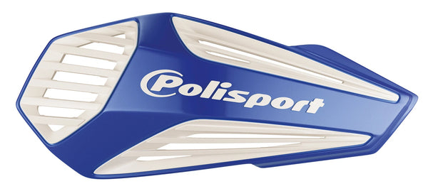 Blue and white Polisport hand guard on a white background