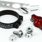 Mechanical parts including a black clamp, red component, and silver bolts on a white background